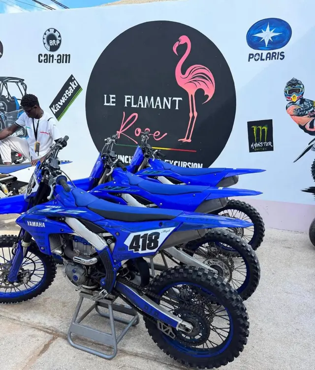 Les motos bleues devant l’enseigne du Flamant Rose